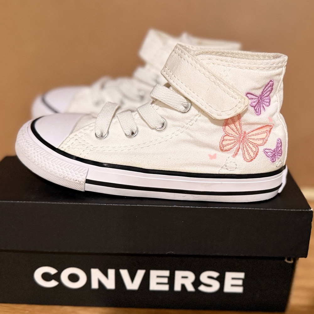 Converse Kids White Sneakers with Pink and Purple Butterflies